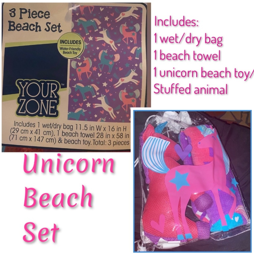 Unicorn beach towel set(3-pieces), NWT, towel, wet bag & unicorn beach soft toy